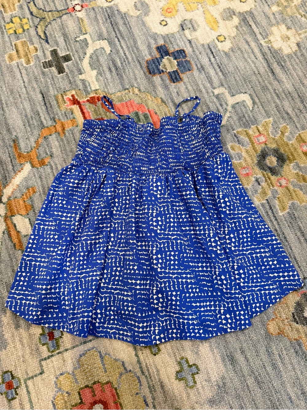 Open Edit blue and white smocked top with adjustable spaghetti straps size small
